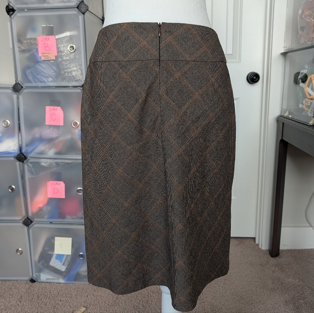 Crossing Pointe Vintage Gray Orange Plaid A-Line Pencil Mini Skirt Size 6 - Picture 4 of 8